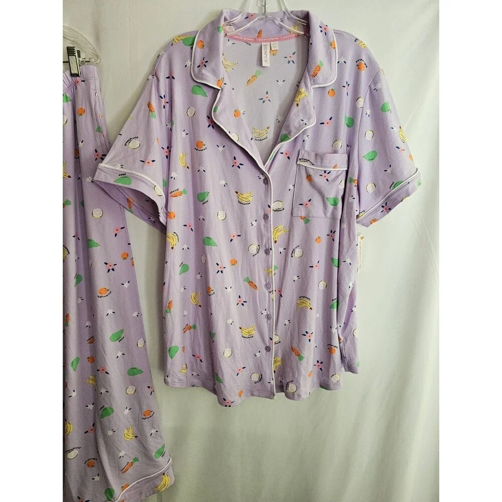 Joyspun NWT Womens 2X Pajama Set Purple Fruit Print Button Front Short Sleeve